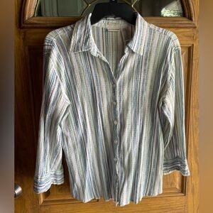Vintage Women’s St John’s Bay Striped Green and Blue Stretch Shirt L